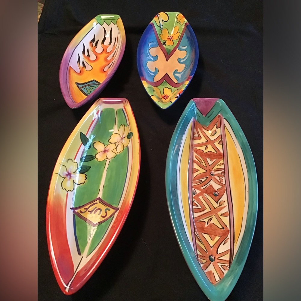 CLAY ART SURFS UP RARE 4 PC DISH SET SNACKS ETC ONE CHIPPED OTHERWISE GUC DISHES